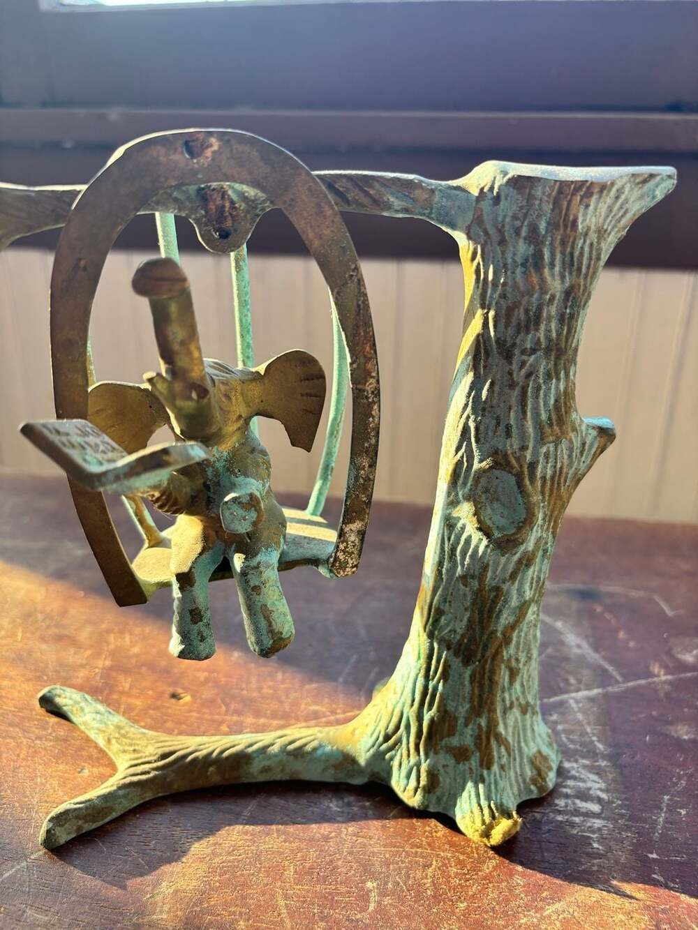 Solid Brass Baby Elephant Trunk Up Reading Book in Tree Swing